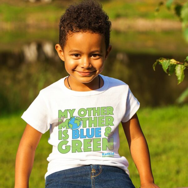 Kat Kid Adventure Eco-friendly Mother Planet is Blue: Green Color Kid Tee Boy