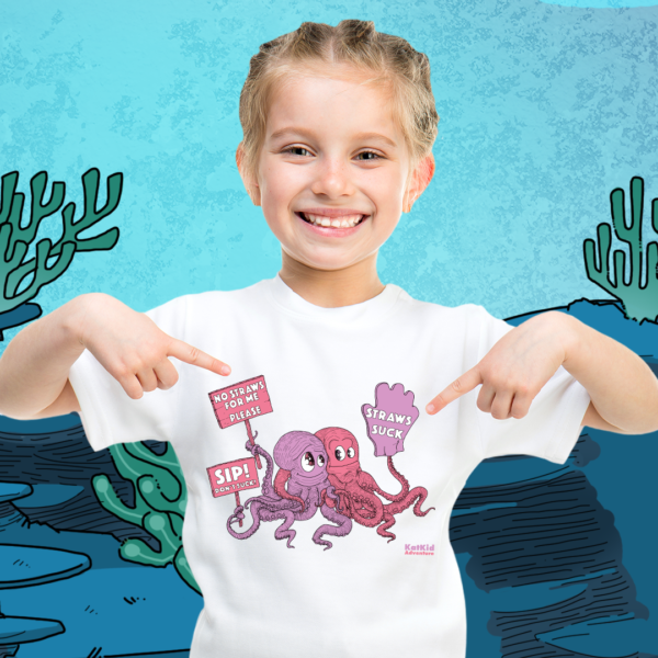 Kat Kid Adventure Eco-friendly Sip Dont Suck kat kid Tee white color with Girl
